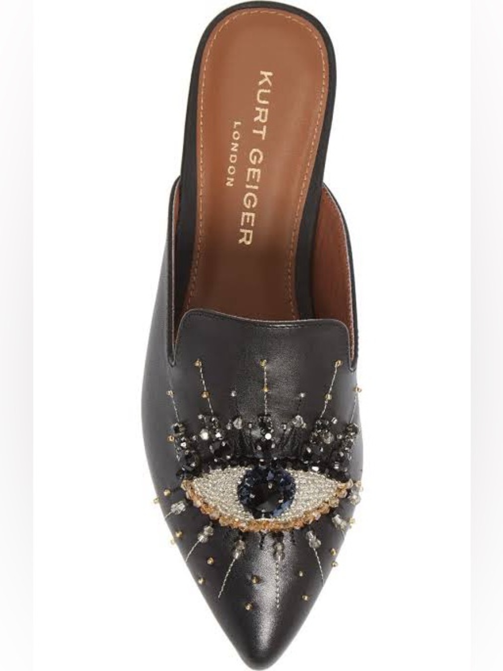 Kurt Geiger Black Eyes 👁️👁️ Pointed-Toe Mule with Beaded Eye Embellishment